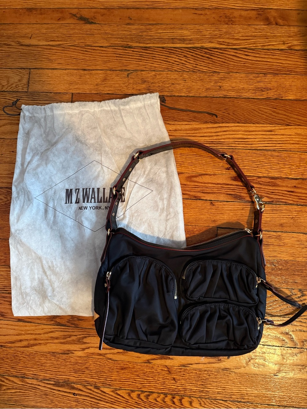 MZ WALLACE Black Quilted Nylon Shoulder Bag with Pink Interior